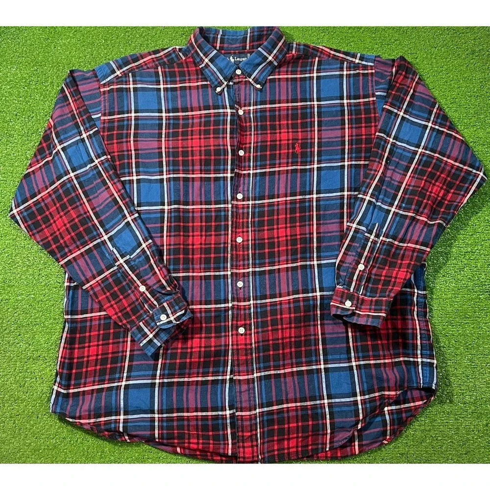 Vintage Polo Ralph Lauren Flannel Shirt XL USA red White Blue Plaid 90s
